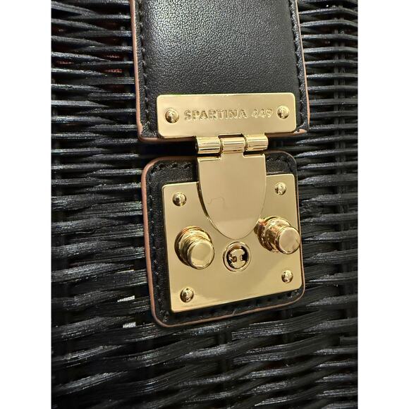 Spartina 449 Black Rattan Box Bag Leather Trim Gold Hardware Top Handle - Picture 3 of 16